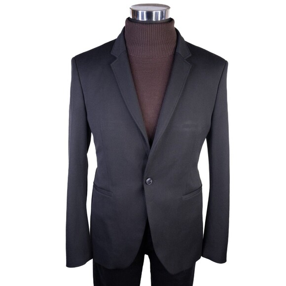 Zara Bazer Mens Sz 40 Solid Black One Button Sport Coat Jacket Blazer Poly Blend - Picture 2 of 15